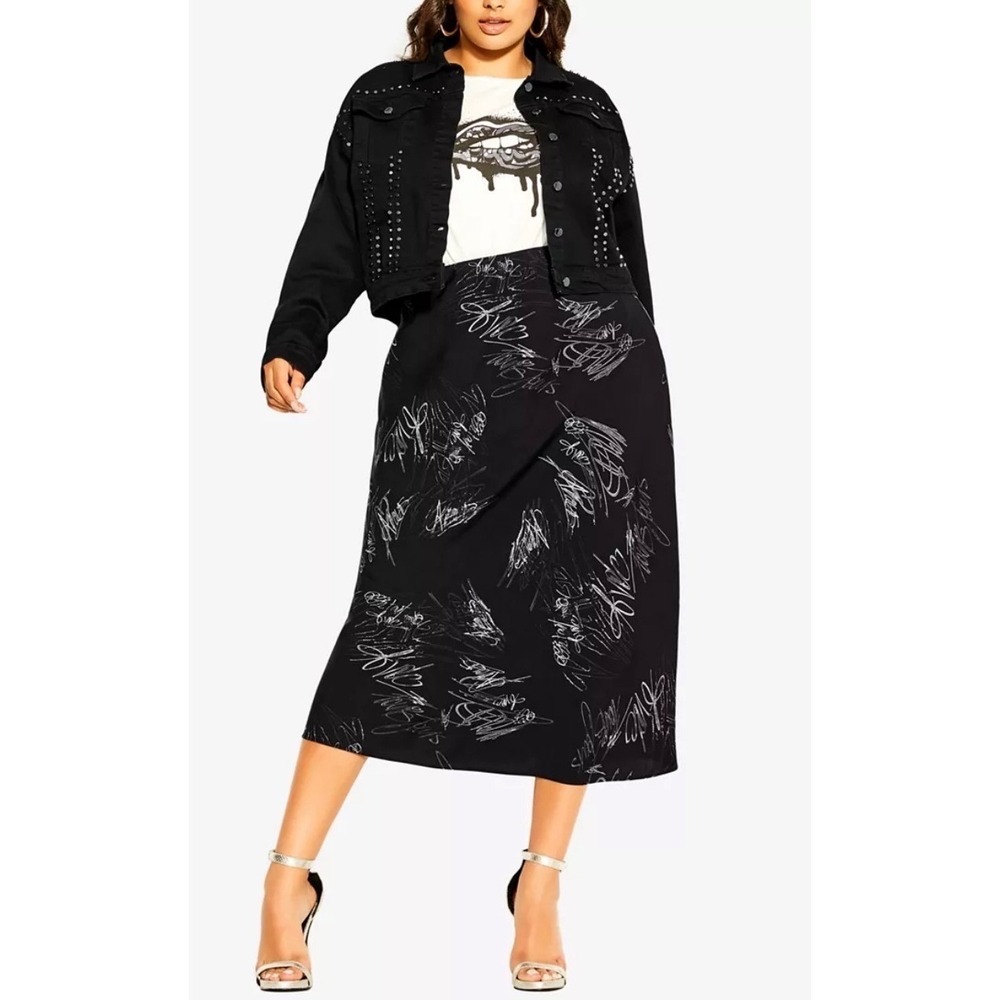 City Chic Womens Black White Graffiti Script Print Midi Skirt Plus Size XS 14